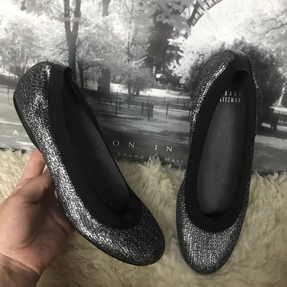 Stuart Weitzman Silver Black Tweed Ballet Flats